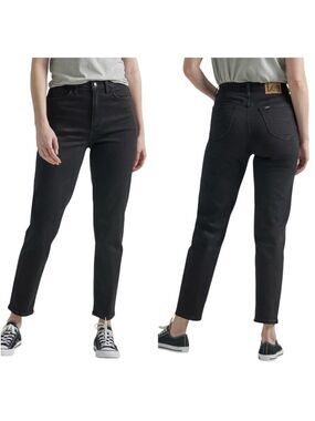 Lee Legendary High Rise Cropped Straight Leg Mom Jeans in Stretch Black Denim